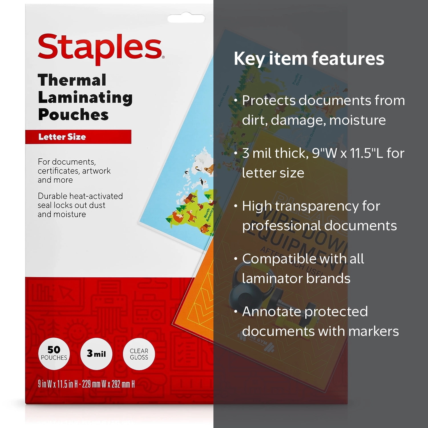 Staples 3 mil Thermal Laminating Pouches for Paper, Letter Size