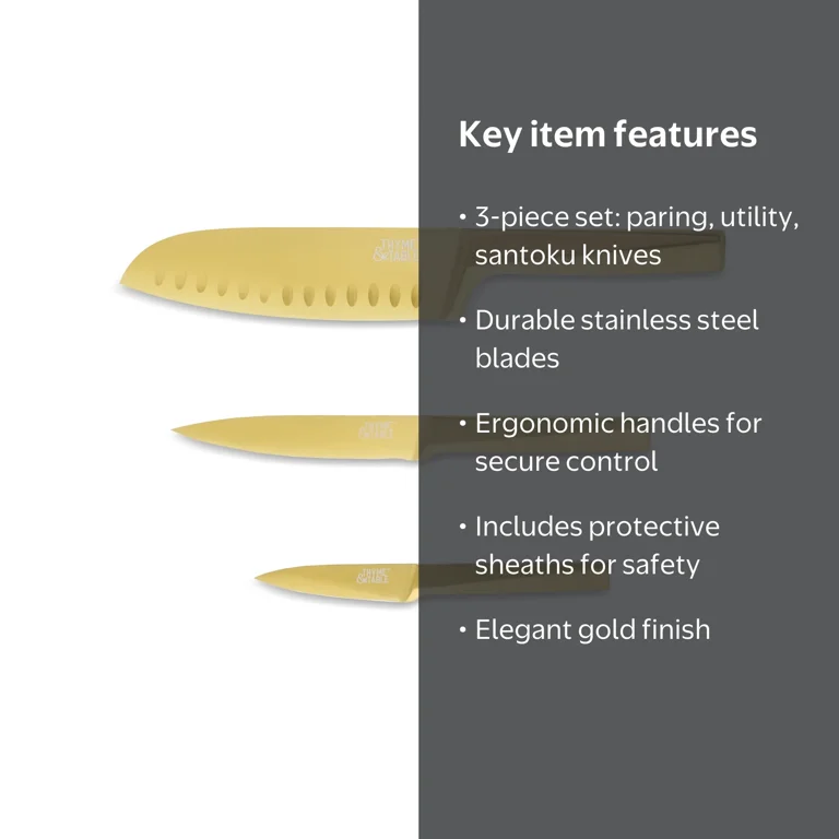 Thyme & Table 3-Piece Gold Knife Set with Protective Sheaths