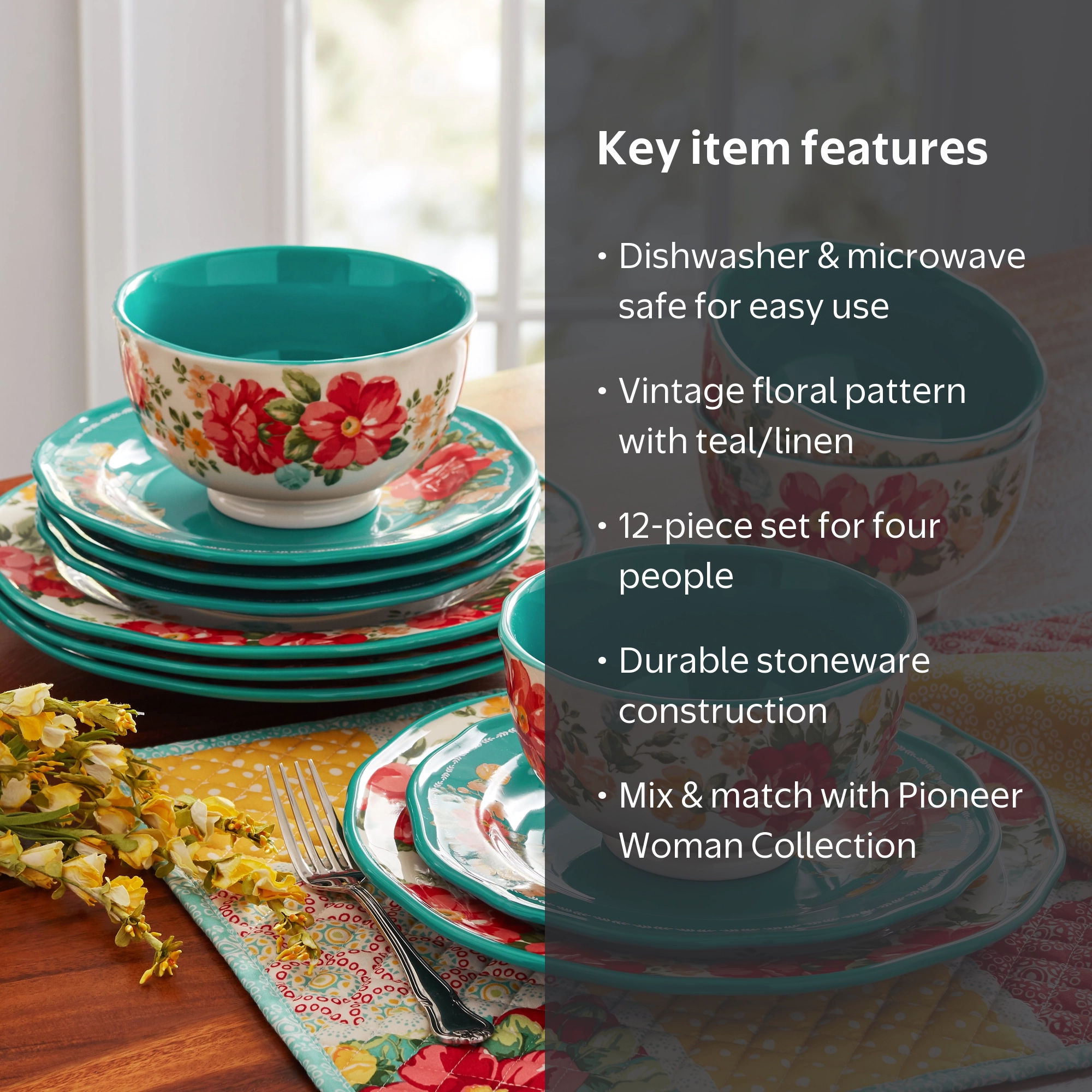 The Pioneer Woman Vintage Floral 12-Piece Dinnerware Set, Teal