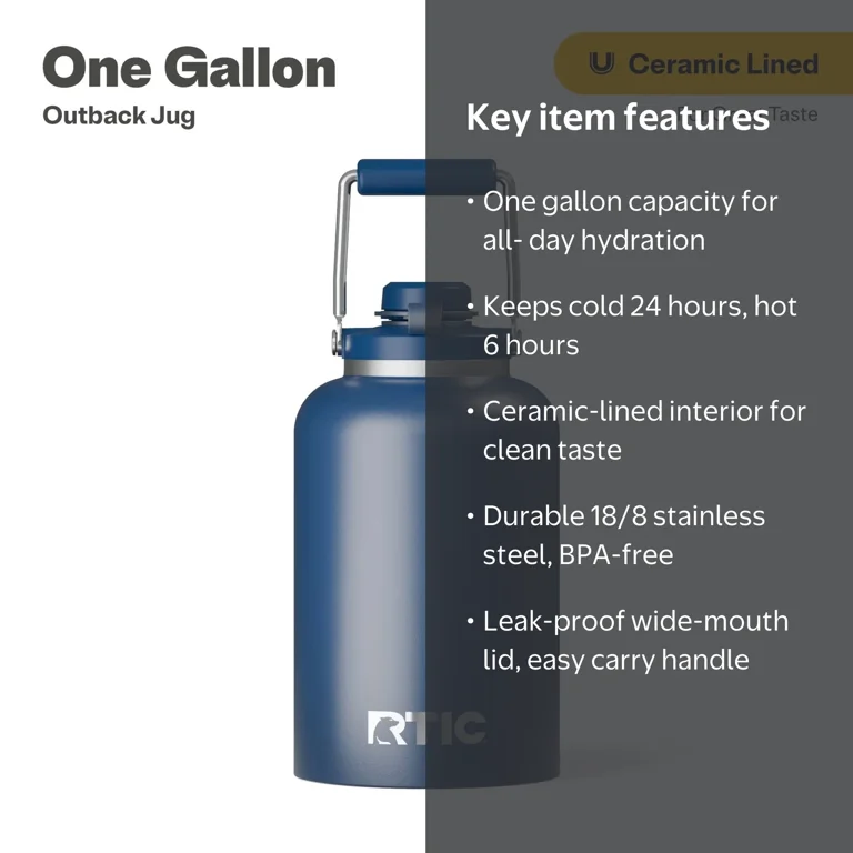 ボトルシップONE GALLON RTIC Outback One Gallon Insulated Ceramic Lined Water Jug, Navy