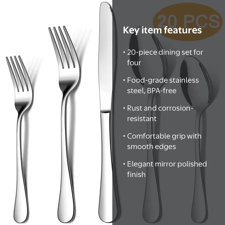 20 Piece Stainless Steel Silverware Set for 4, Mirror Polished, Durable Kitchen Utensils, Dishwasher Safe