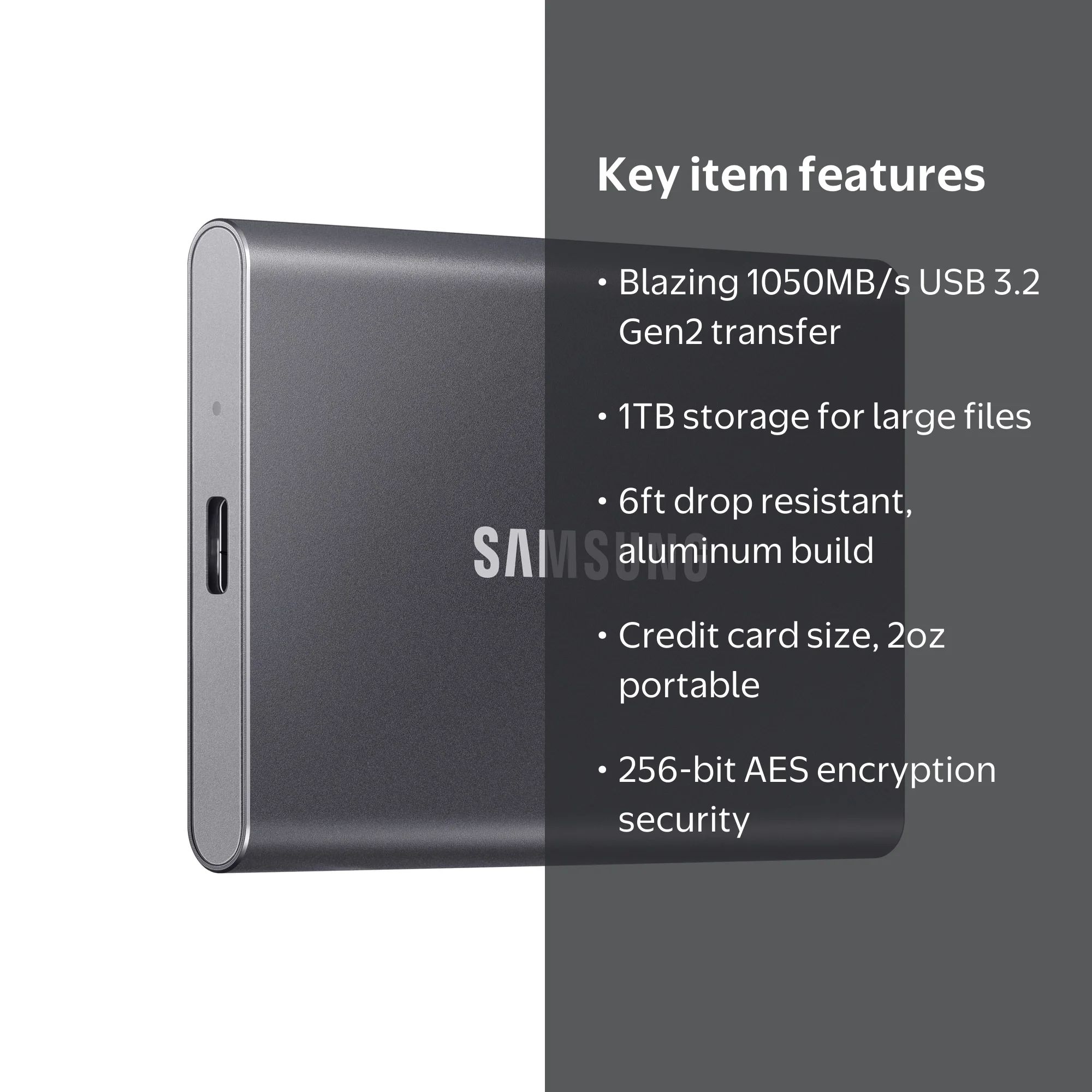 Samsung, Portable SSD, T7 1TB, Titan Gray, Up to 1,050MB/s