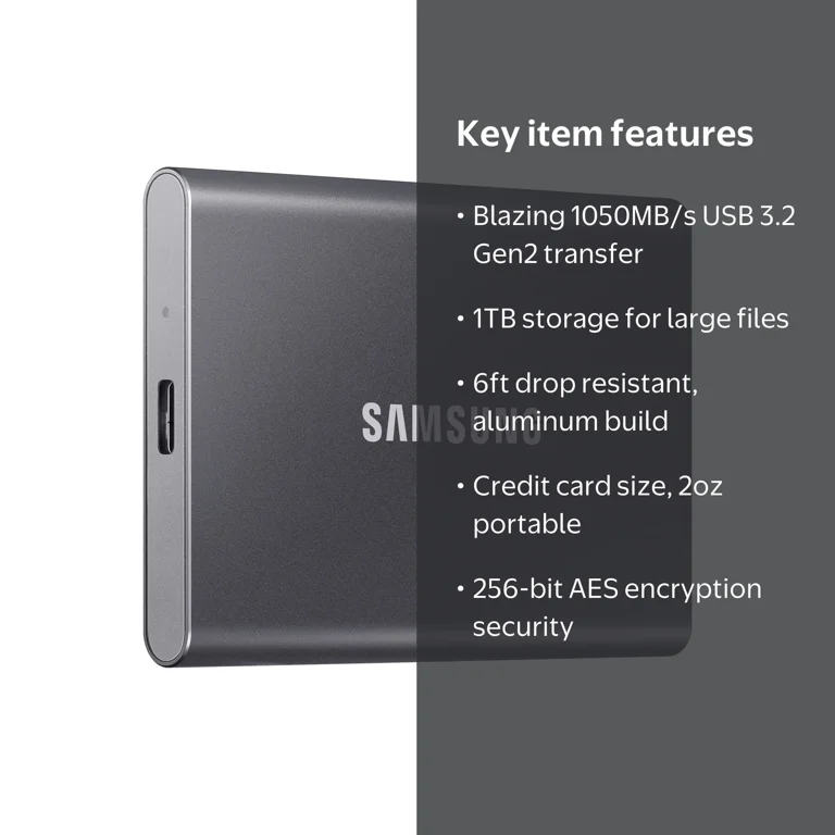 Samsung, Portable SSD, T7 1TB, Titan Gray, Up to 1,050MB/s