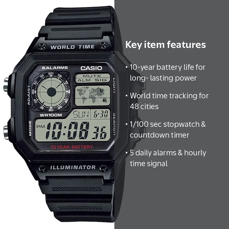 時計 Casio AE1200Custom ALL BLACK Casio, Men's Digital Watch, AE1200WH-1A, Resilient Resin Square