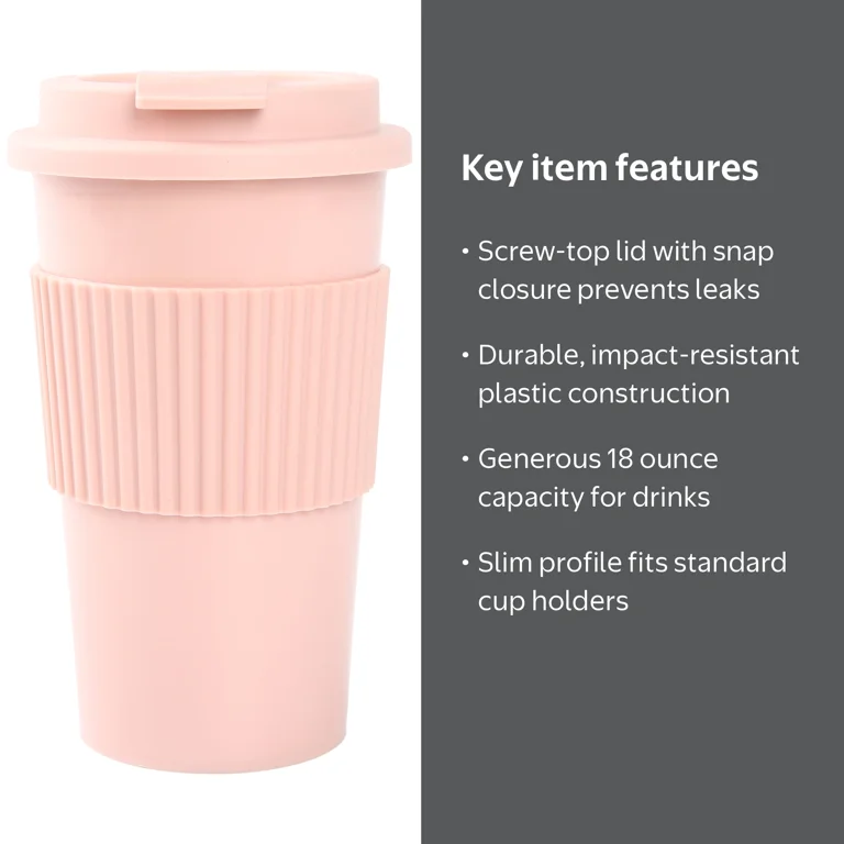 Mainstays 18oz Pink Plastic Coffee Tumbler with Screw-Top Lid