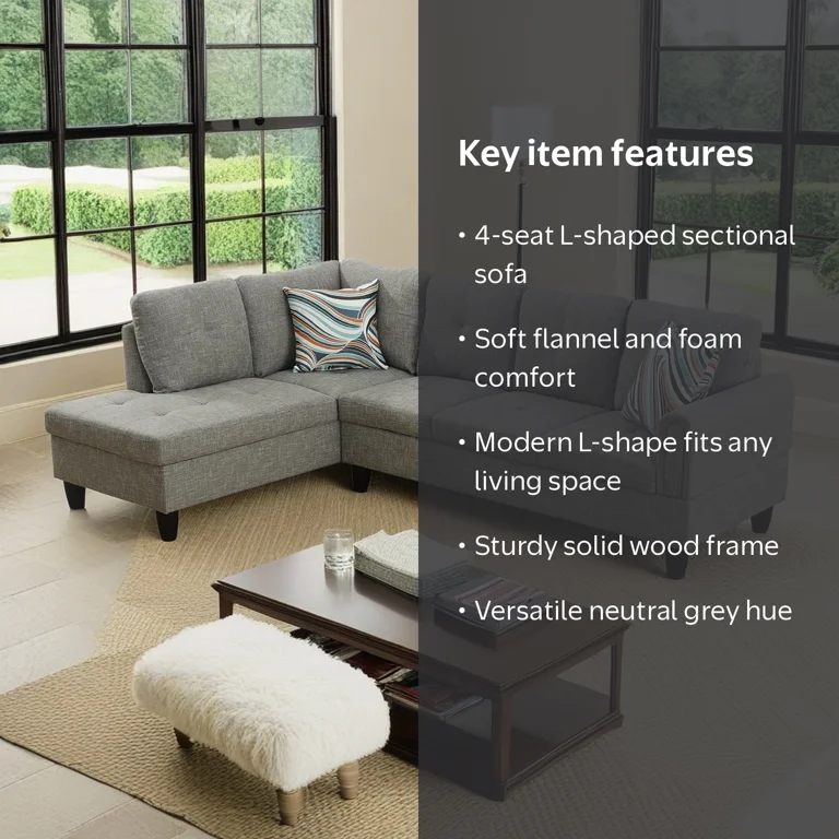 Hommoo Small Indoor L Shaped Couch Set, Flannel Living Room Furniture Sets, 4-Seat Sectional Sofa for Home, Apartment, Dorm, Grey