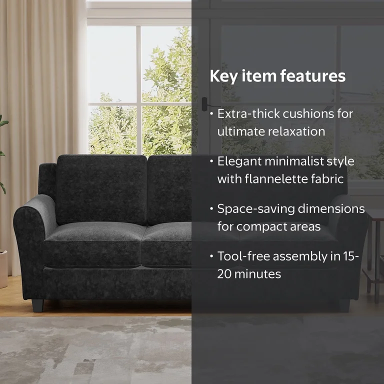 Ebello Modern Sofa Couch, 3-Seater Upholstered Couches with Thick Cushions for Living Room and Bedroom, Black