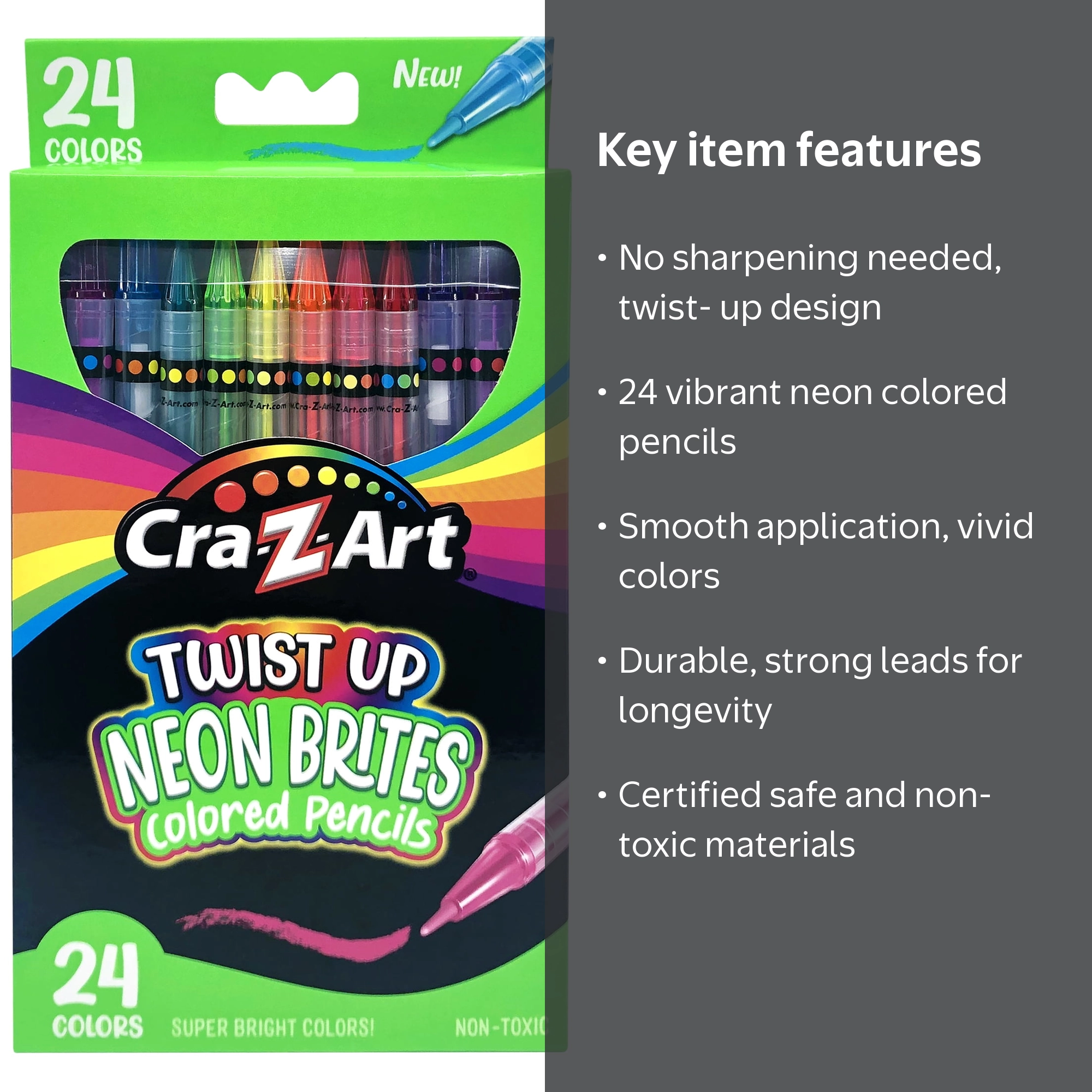 Cra-Z-Art Neon Twist up Colored Pencils, 24 Count, Beginner, Child