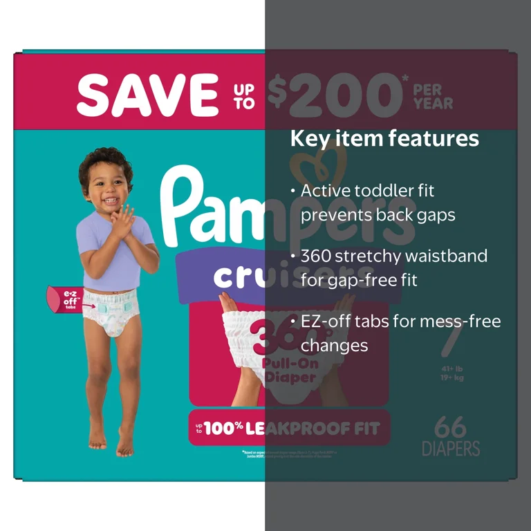 Pampers Cruisers 360 Baby Diapers Size 7, 66 Count (Select for