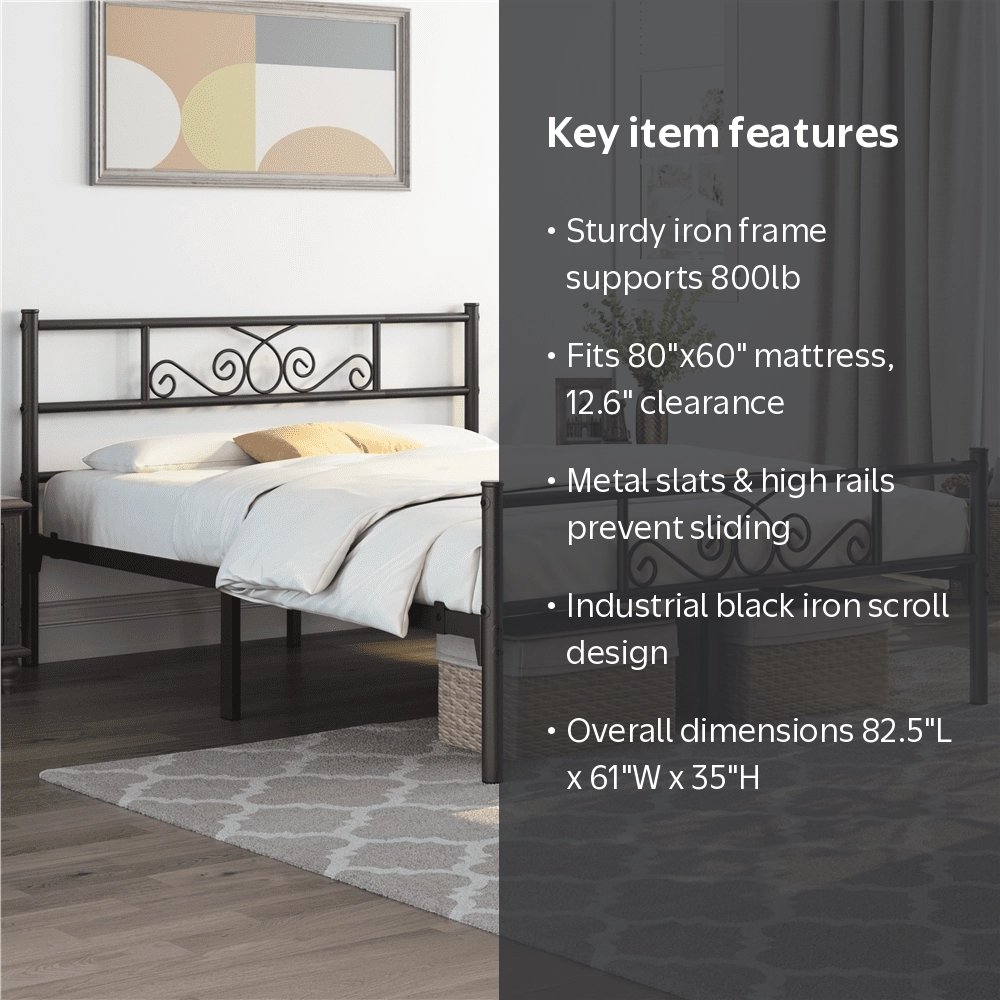 Renwick Graceful Scroll Metal Platform Bed with Headboard and