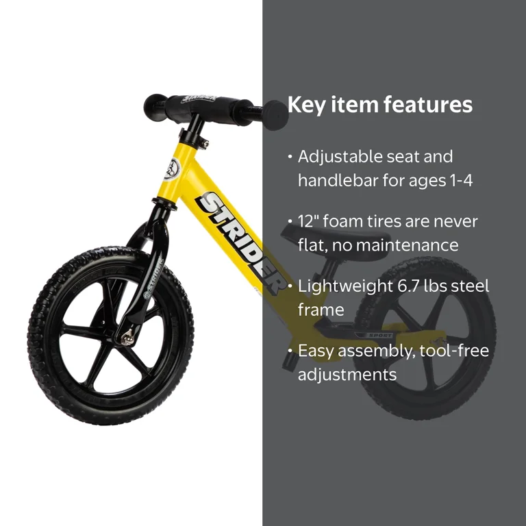 Strider, Balance Bike, 12‚Äù Sport, Yellow for Kids 1 to 4 Years