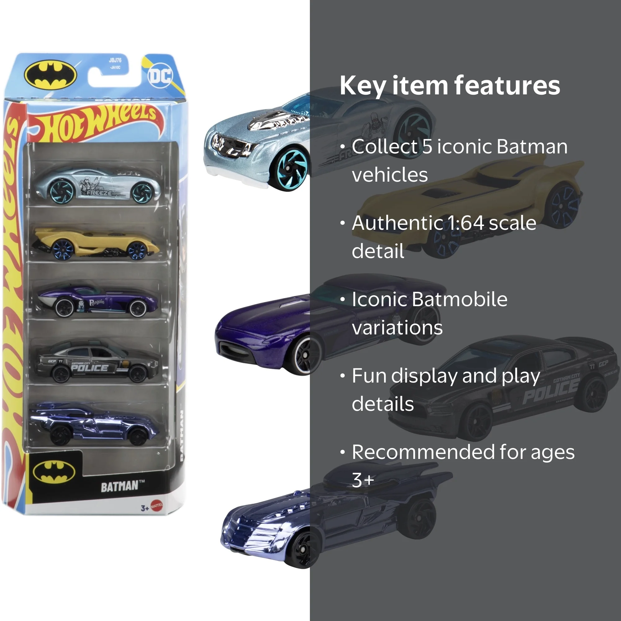 Mattel, Hot Wheels 1:64 Batman 5-Pack, DC, 5 Vehicles for Batman