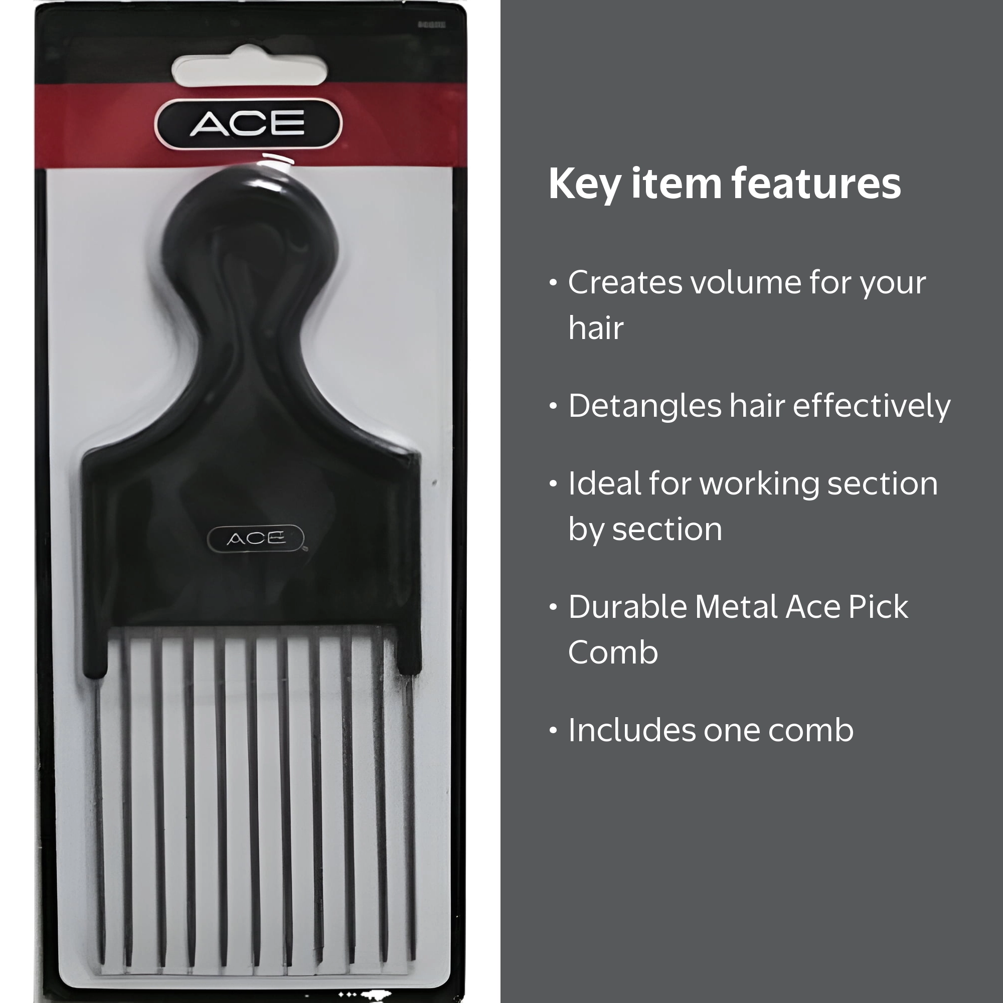 Ace Black Metal Pick Comb for Detangling & Volume, Ideal for Thick