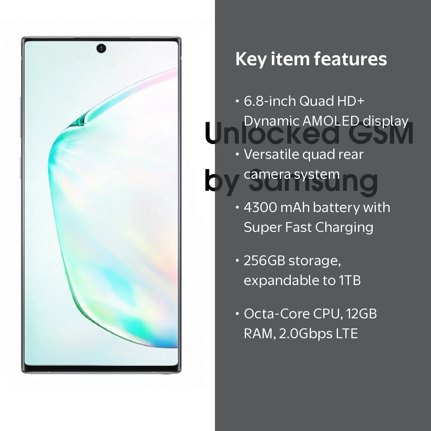 SAMSUNG Galaxy NOTE 10+ N975F, 256GB, GSM Unlocked Dual SIM