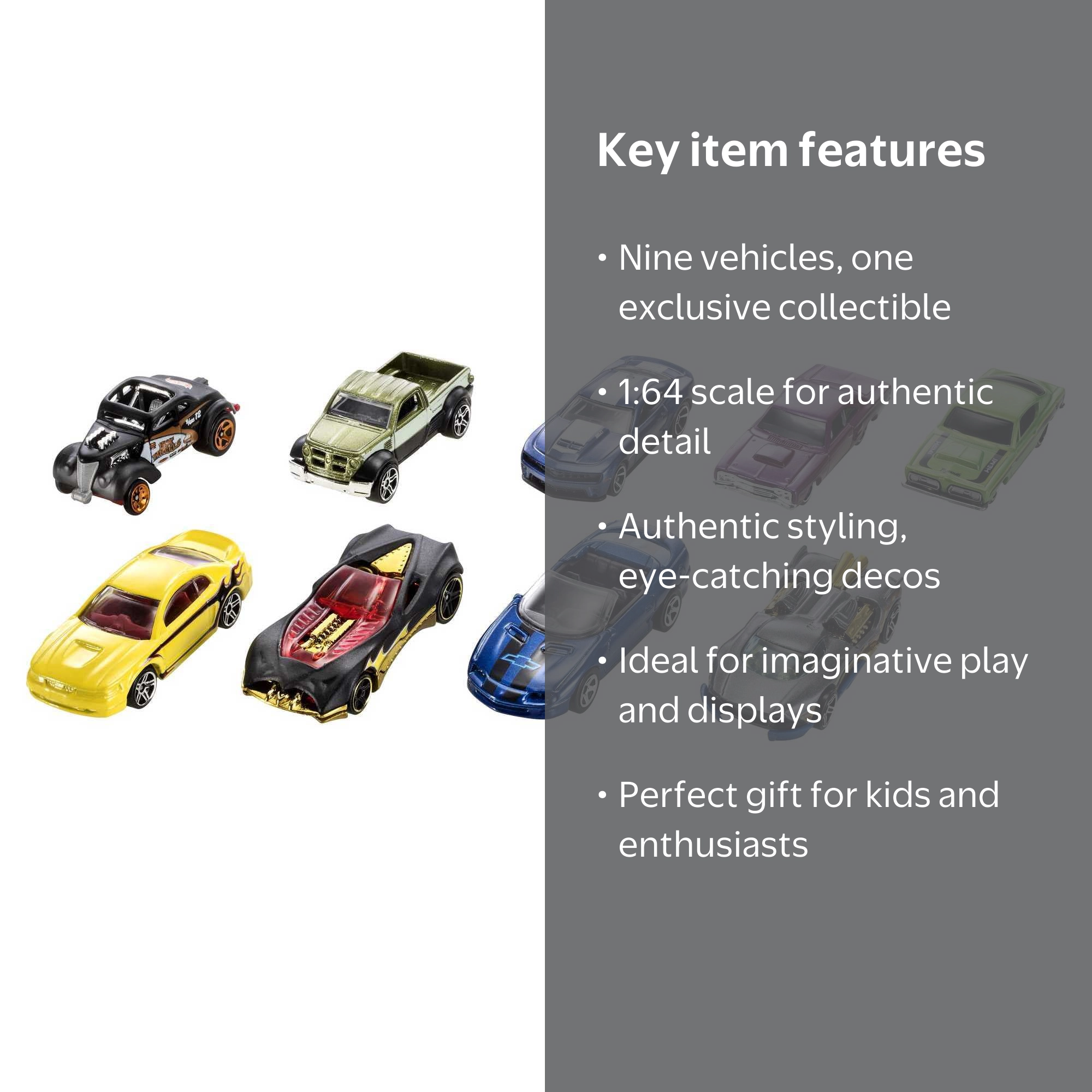 Hot Wheels 9-Car Gift Set, 1:64 Scale Toy Cars or Trucks, Styles