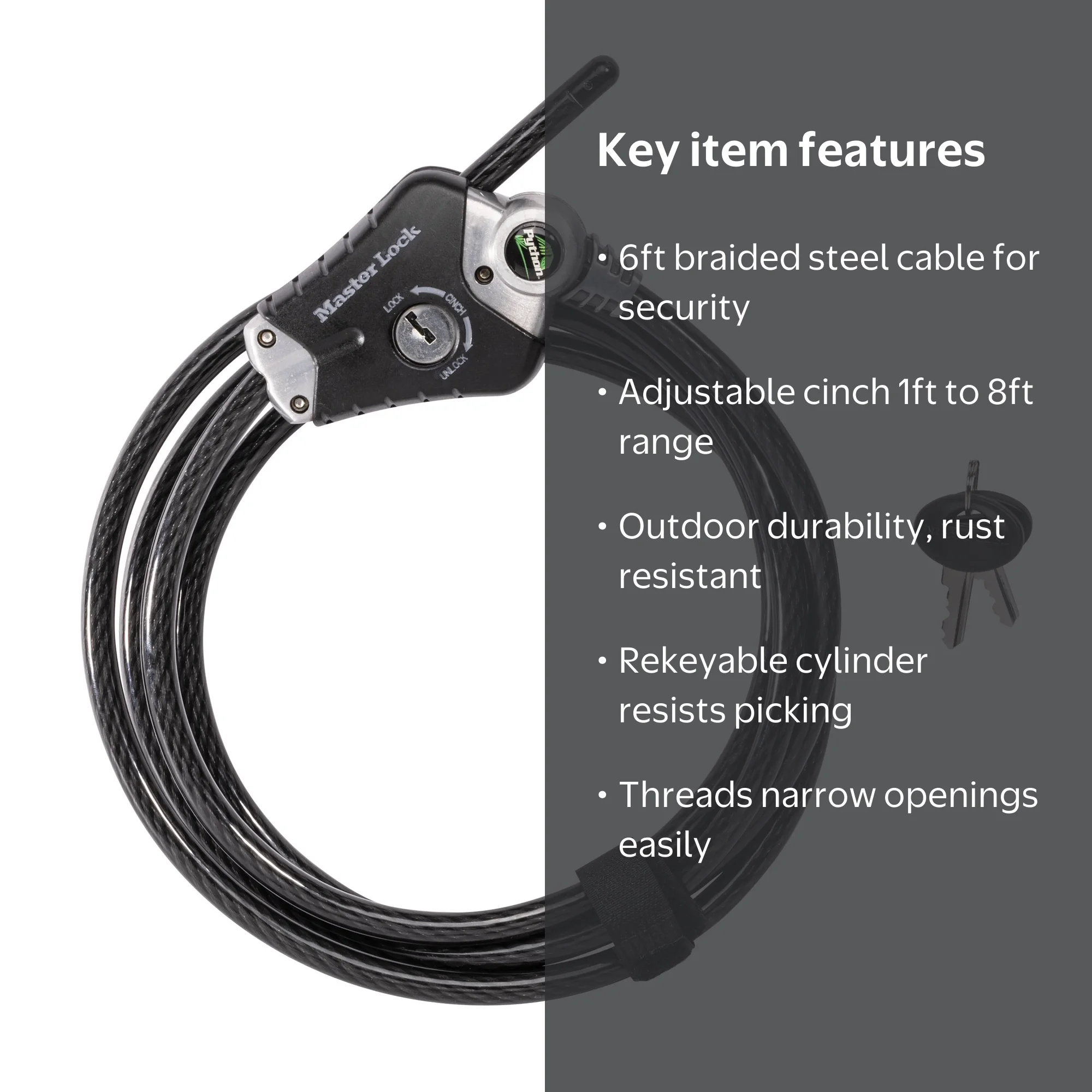 Master Lock Python Kabelslot – 1,8m Verstelbaar, Met Sleutels, Voor Fiets, Kayak En Buitencamera's