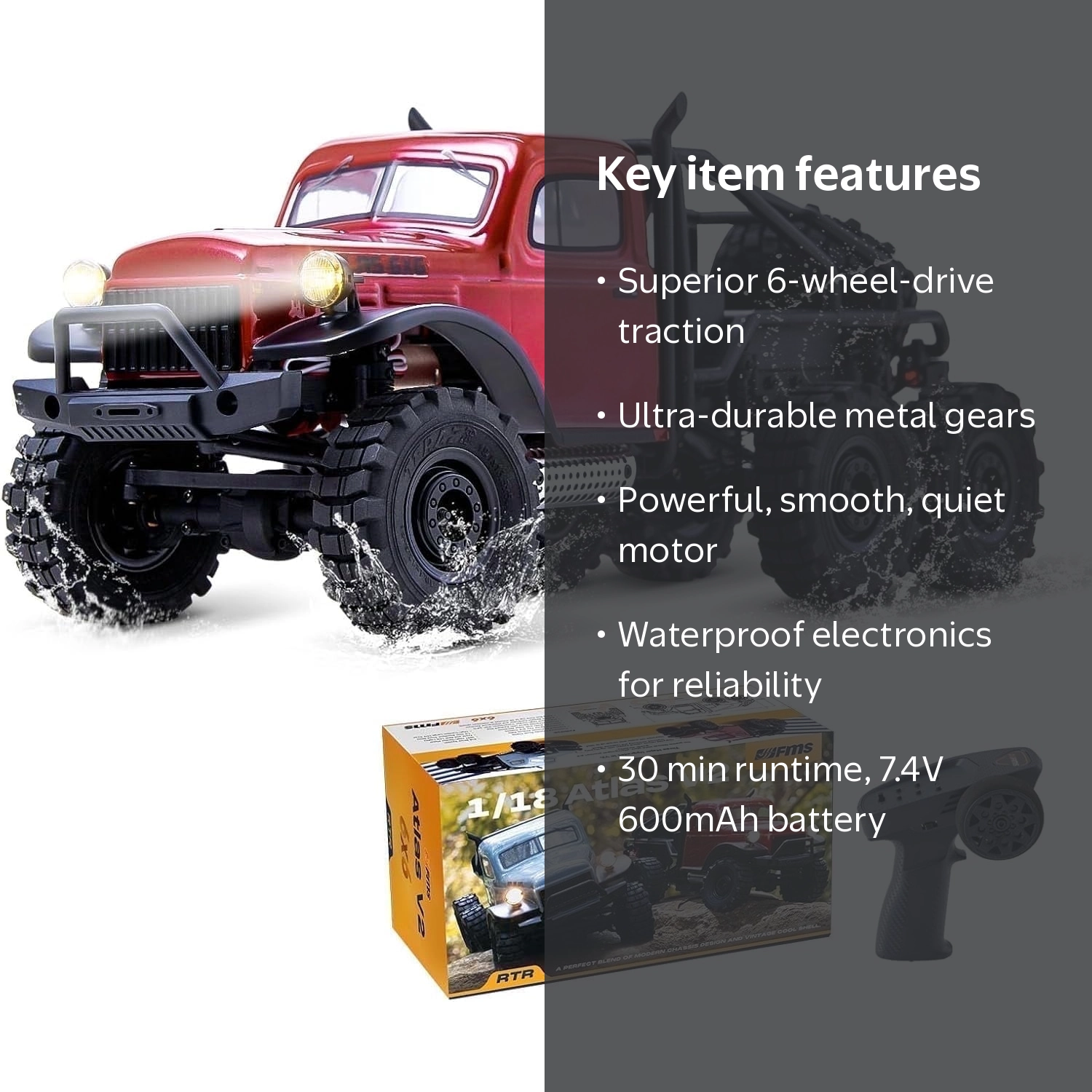 FMS Atlas 6x6 1/18 RCクローラー FMS Atlas 6x6 1/18 RC Crawler RTR Red - Walmart.com