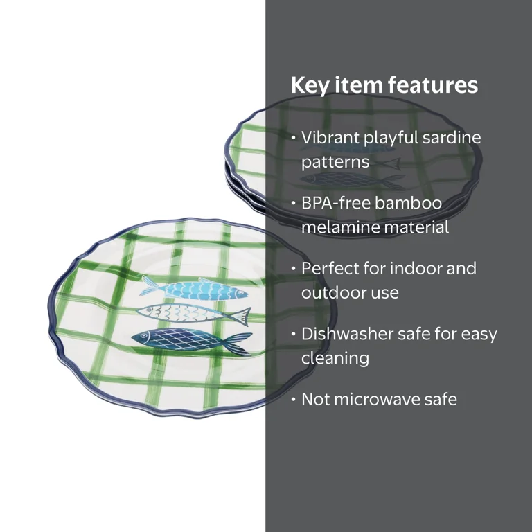 Beautiful 4-Piece 9-Inch Bamboo Melamine Sardine Salad Plate Set