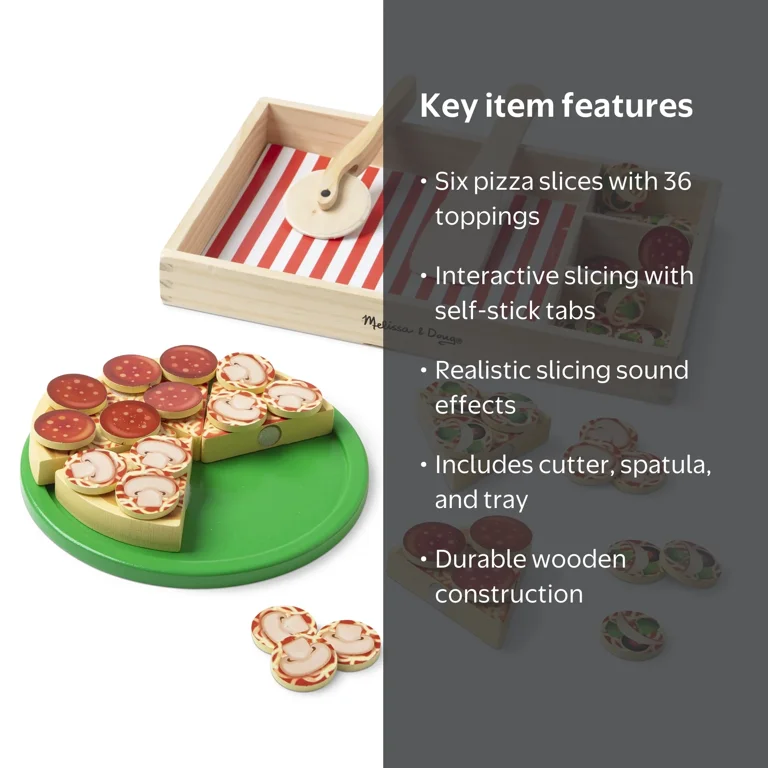 Melissa & Doug, Wooden Pizza Play Food Set, 36 toppings with 6