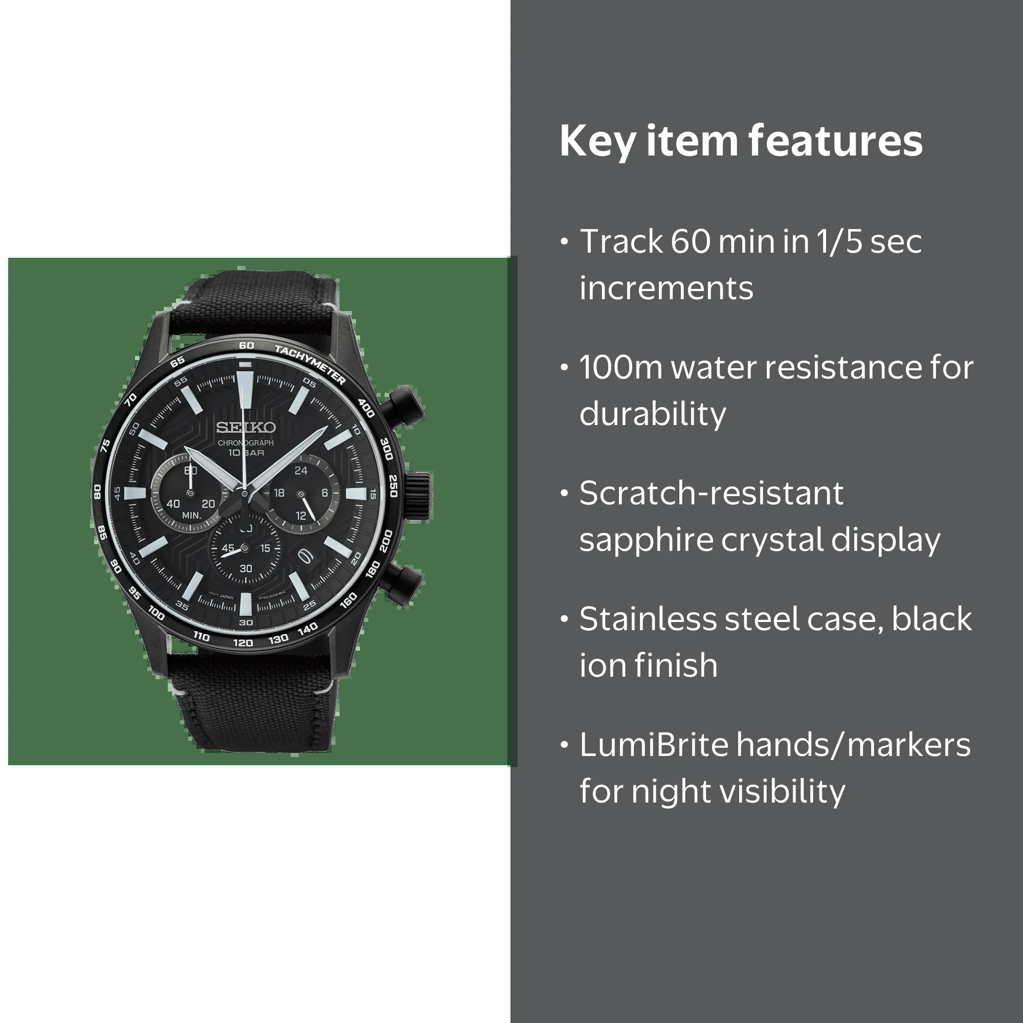 Seiko Men's Chronograph Quartz Watch with Black Dial, Nylon Band