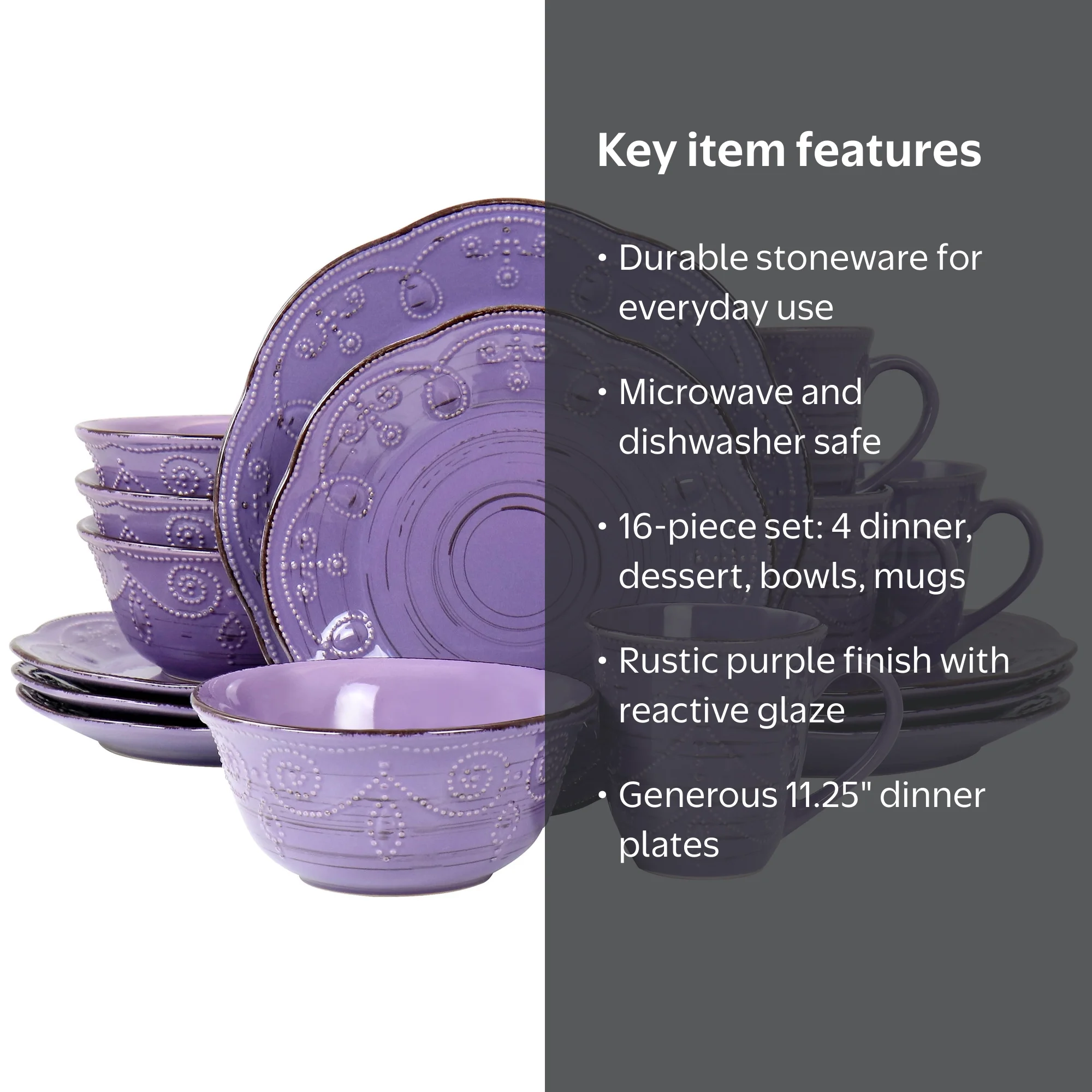 Elama Rustic Birch 16 Piece Stoneware Dinnerware Set in Purple