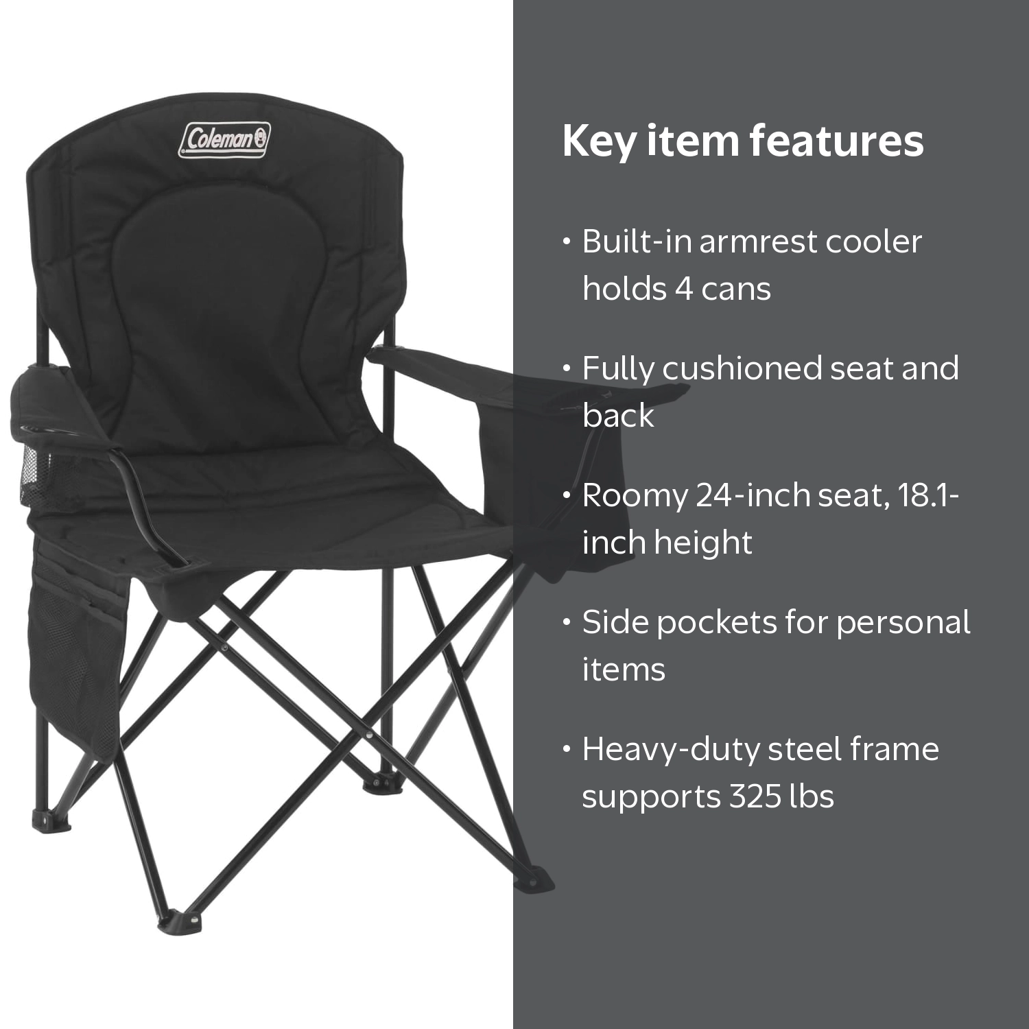 Coleman, Camping Chair, with Built-In 4-Can Cooler, Black