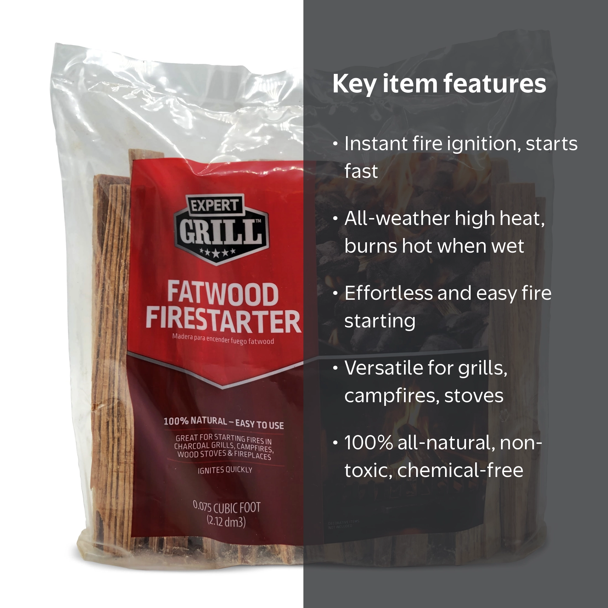 Expert Grill Fatwood Firestarter 3lb Poly Bag, Easy to Ignite for