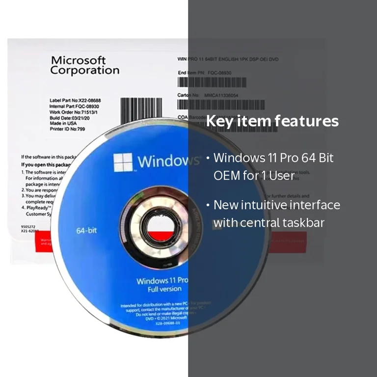 Microsoft, Windows 11 Pro, 64 Bit OEM Disc, 1 User License