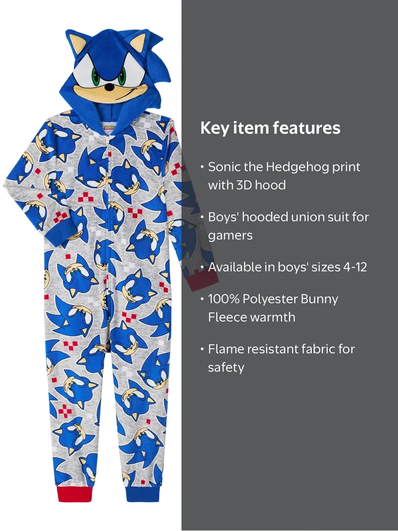 ルームウェア・パジャマ sonyon Sonic the Hedgehog Boys Hooded Union Suit Pajama, Sizes 4-12