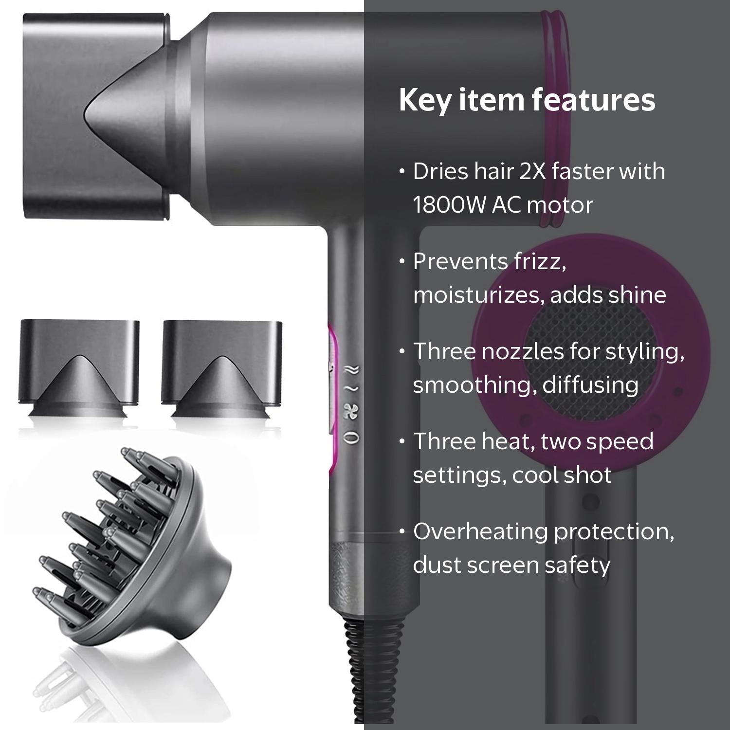 JUNGLE WAVE Ionic Hair Dryer with Diffuser, 1800W Blow Dryer, Fast