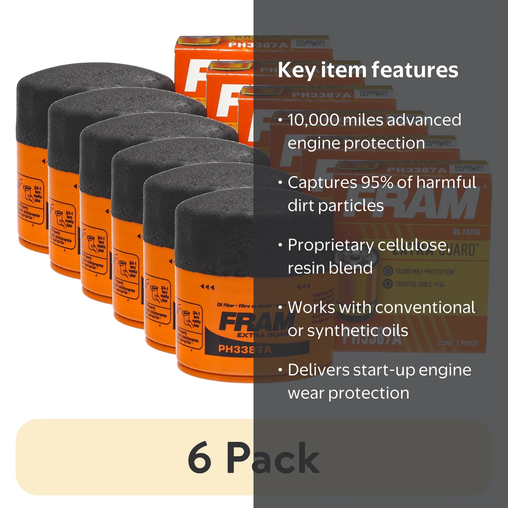 6 pack) FRAM Extra Guard Oil Filter, PH3387A, 10K Miles