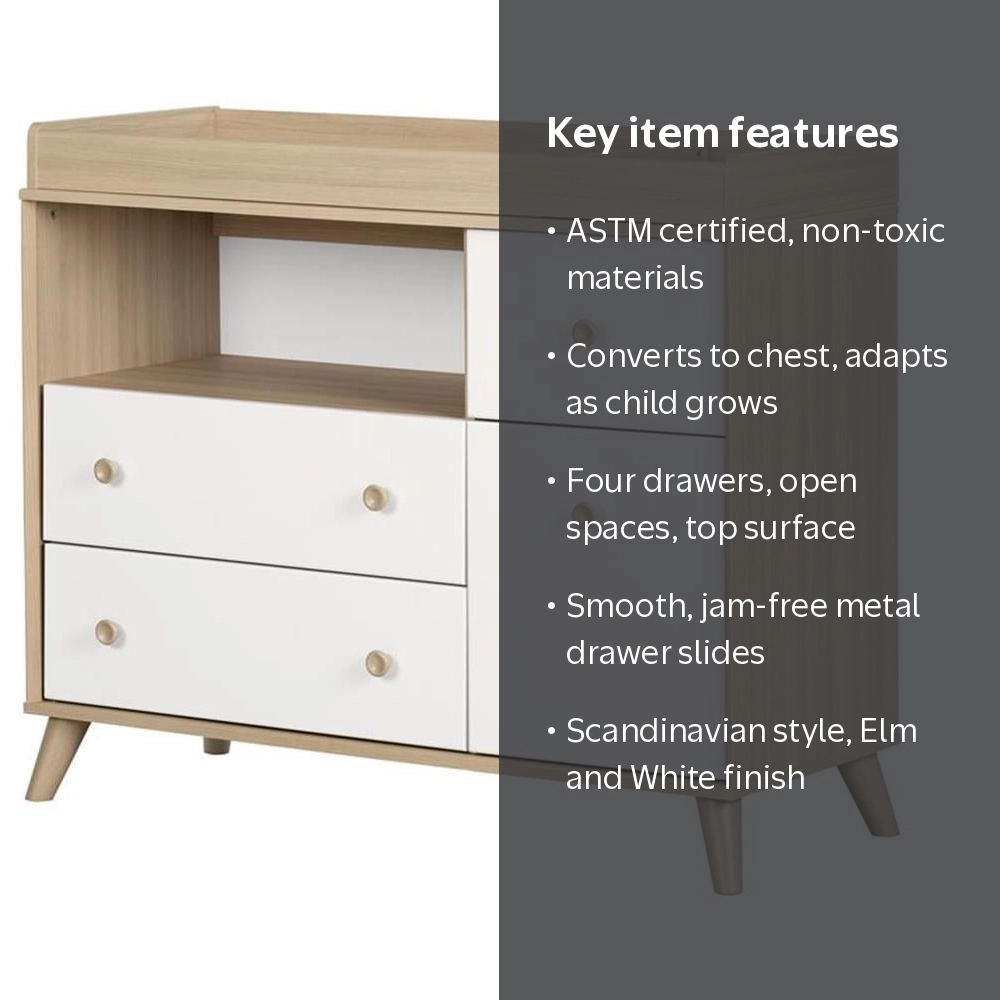South Shore Furniture Yodi Wooden Baby Dresser with Changing Table and Drawers, Soft Elm and Pure White