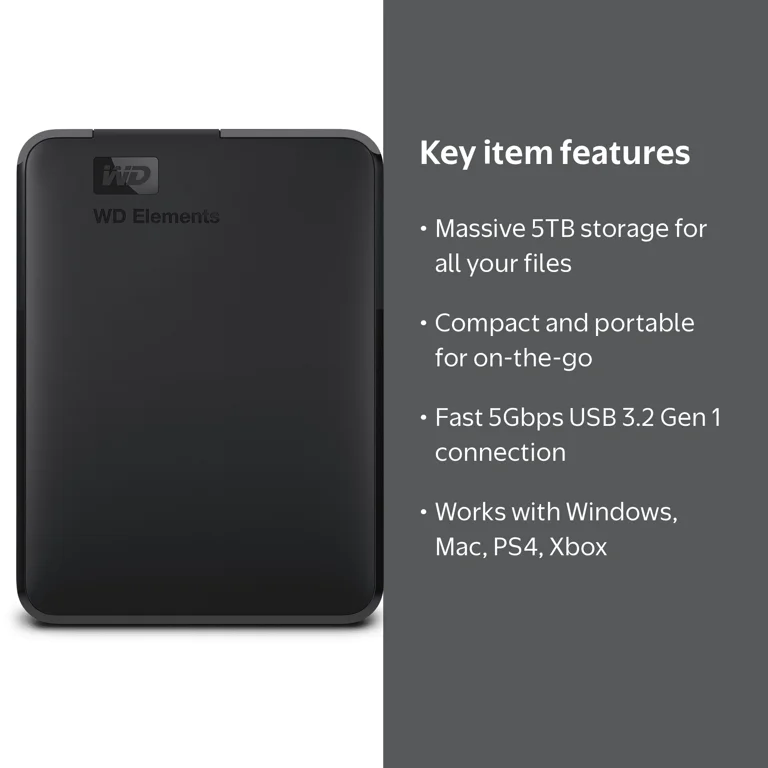 WD Elements 5TB Portable Hard Drive, USB 3.0, 5Gbps, PC, Mac, PS4