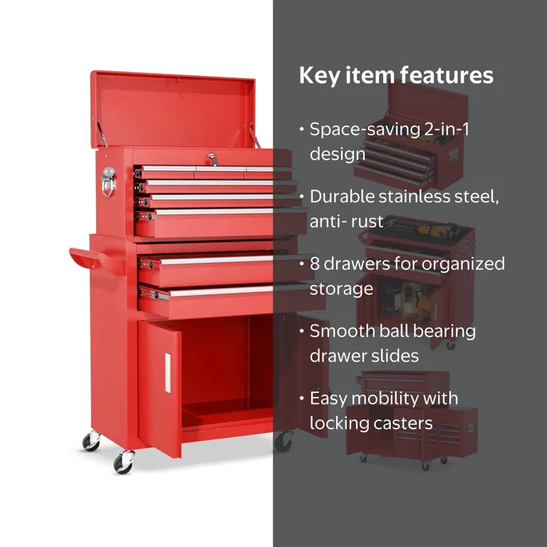 Suncrown 2-in-1 Tool Chest and Cabinet, Large 8-Drawer Rolling