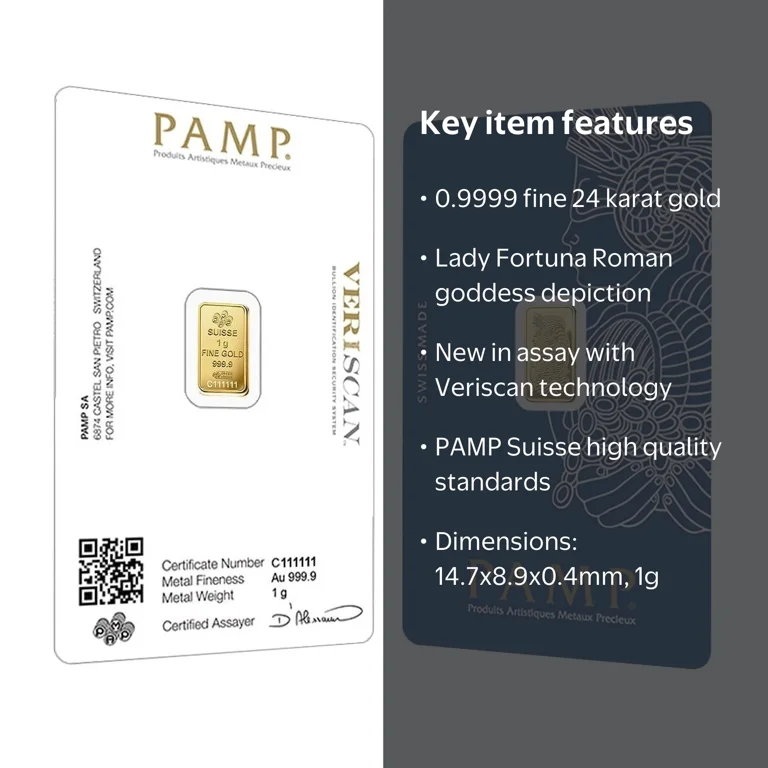 PAMP Suisse 1g Gold Bar Lady Fortuna - .9999 Fine Golden Bullion
