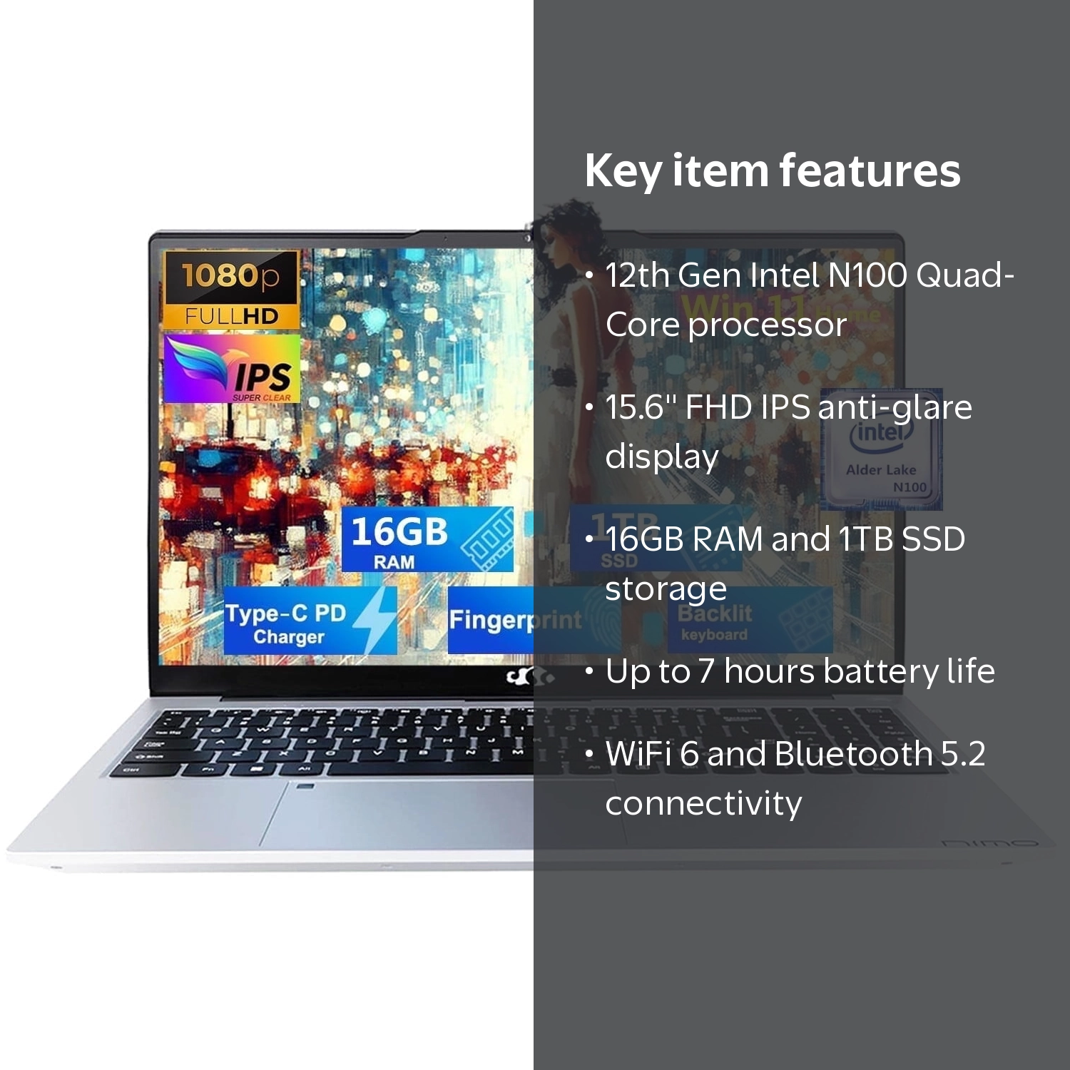 Nimo, 15.6'' FHD Laptop Computer, 16GB RAM 1TB SSD, Silver