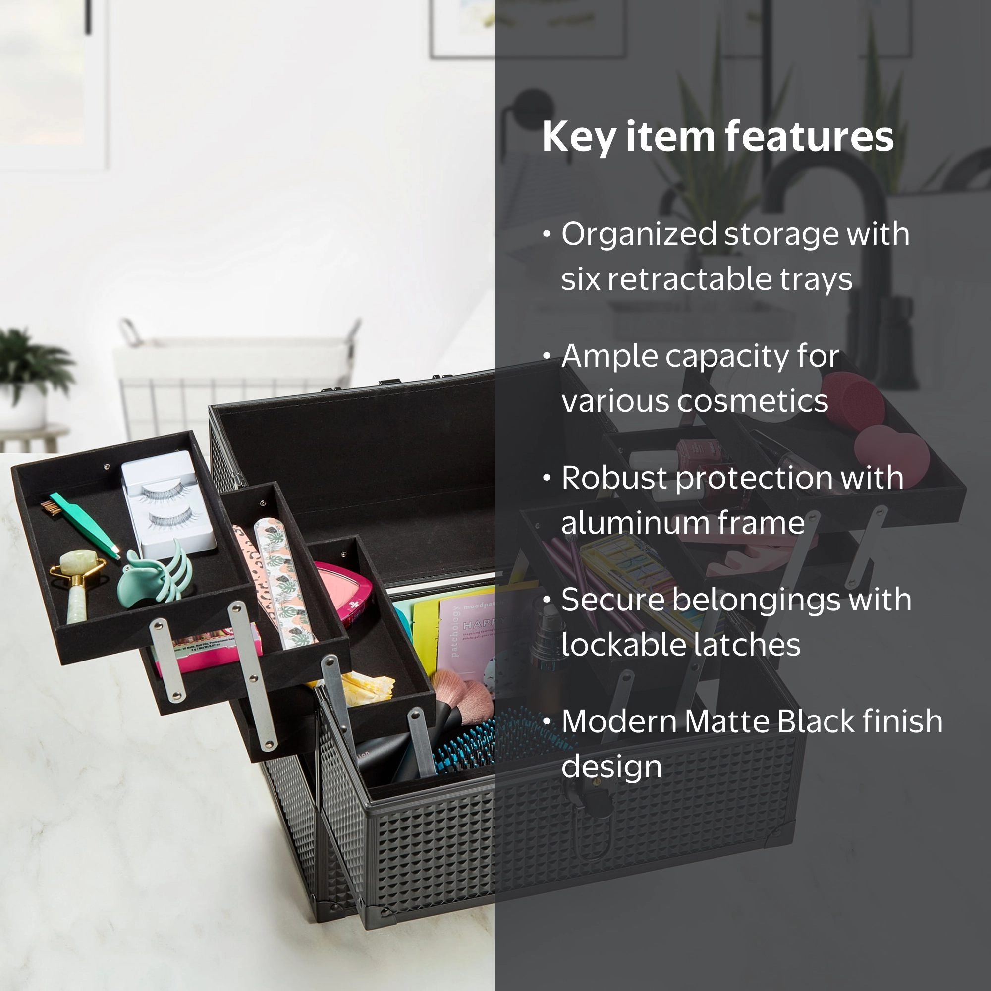 Free Shipping! Walmart Large Matte Black Makeup Train Case with 6