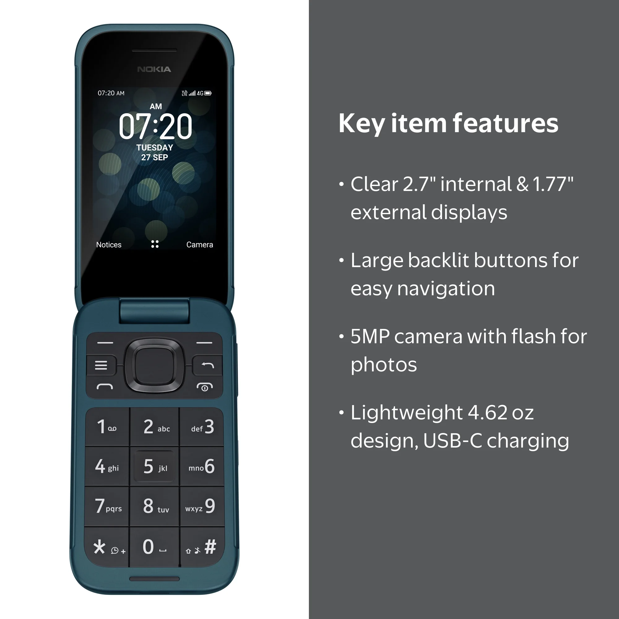 Consumer Cellular Nokia 2780, 8GB, Blue - Advanced Flip Phone with