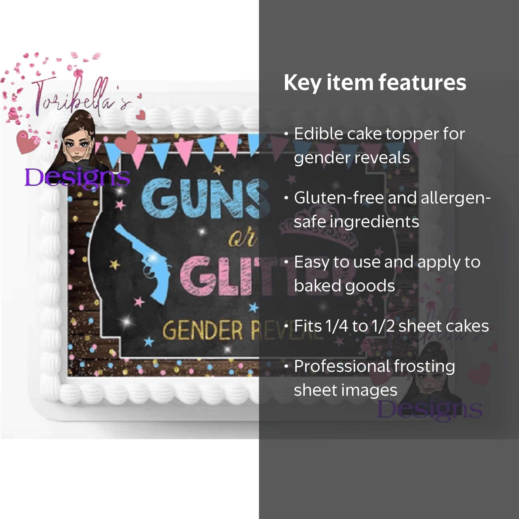 Guns or Glitter Baby Gender Reveal Edible Image Cake Topper, Fits