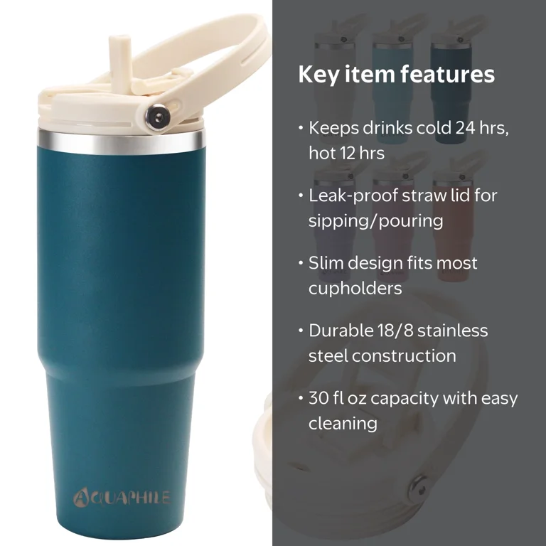 AQUAPHILE 30 oz Insulated Water Bottle, Stainless Steel Travel