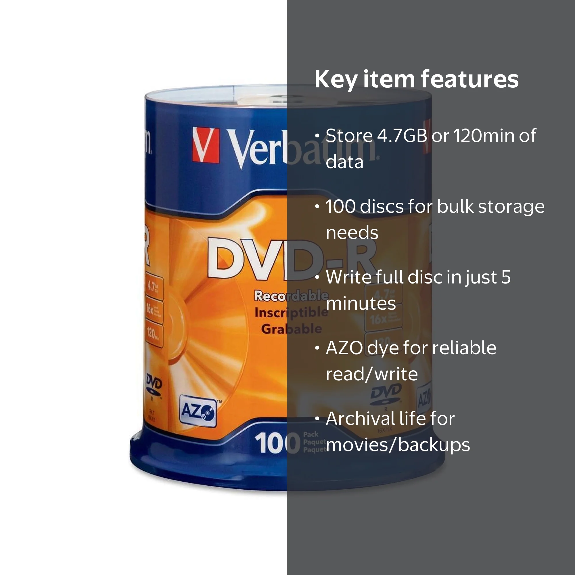 Verbatim, DVD-R, 4.7GB 16X Spindle, Branded Surface 100pk