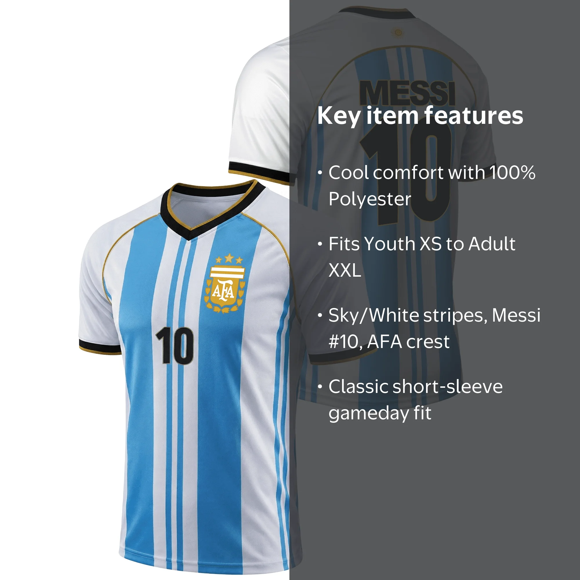 Icon Sports Messi #10 Argentina Jersey, Sky/White, 100% Polyester