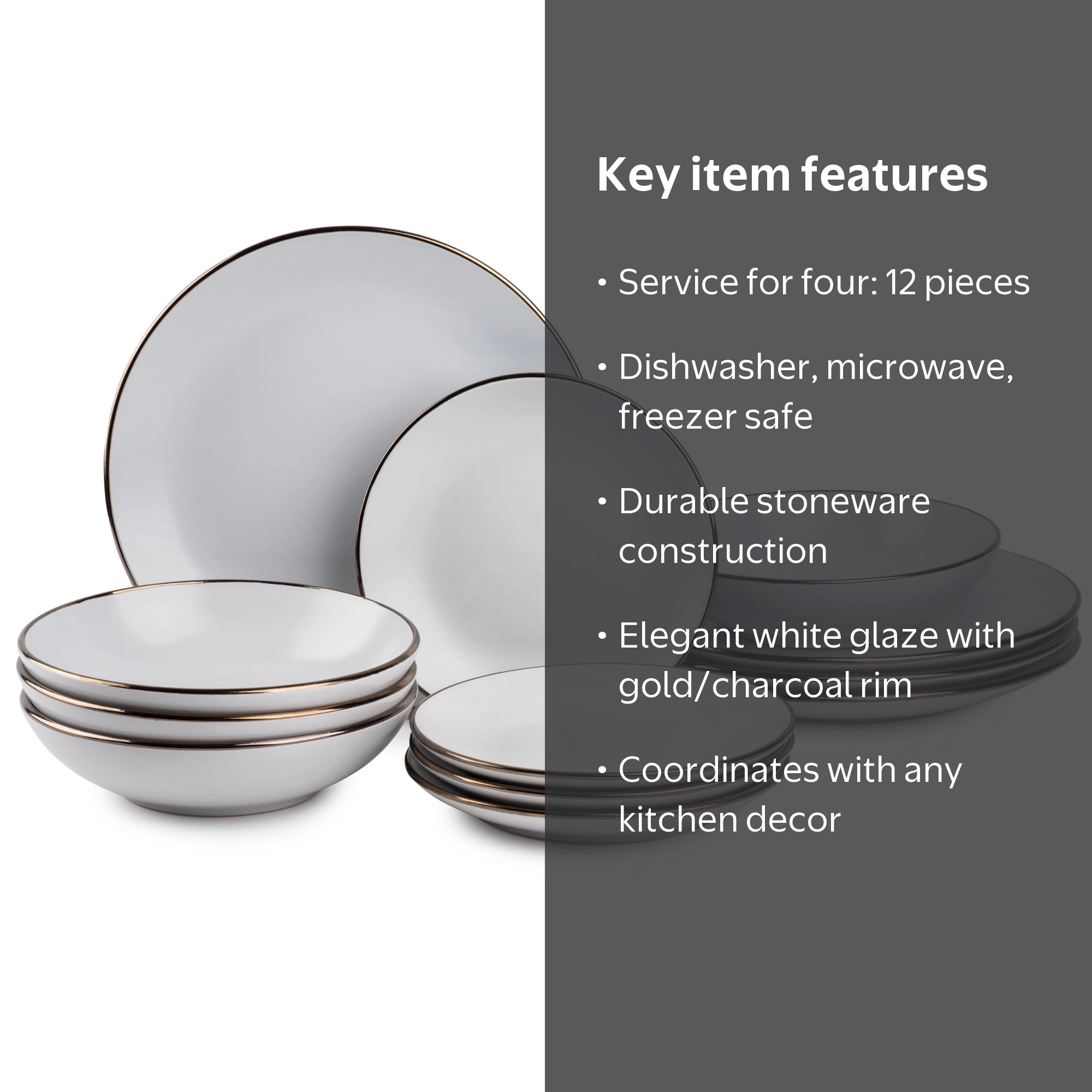 Thyme&Table, Dinnerware Aria Stoneware, 12 Piece Set, White