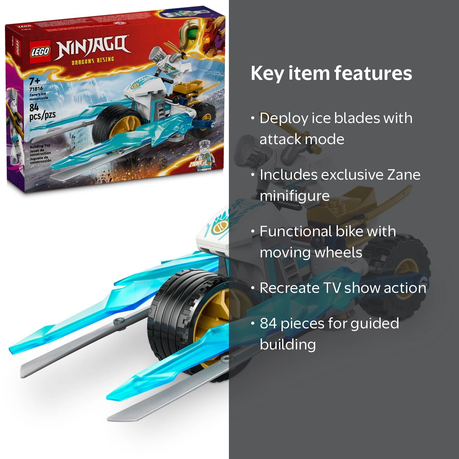 LEGO, NINJAGO Zane's Ice Motorcycle Toy, 71816, 84 Pieces