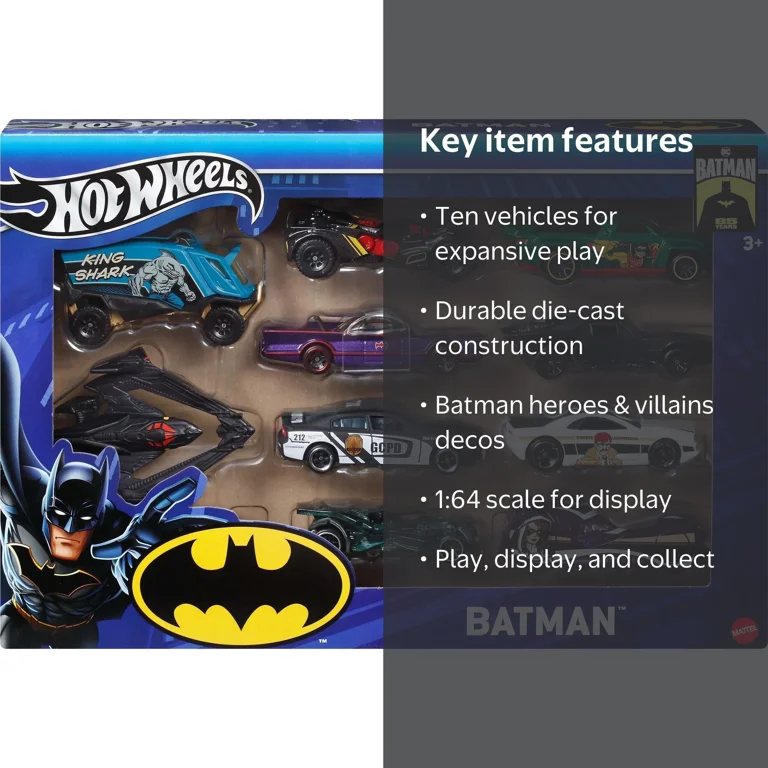 Hot Wheels 1:64 Scale Batman-Themed Toy Vehicles, Set of 10