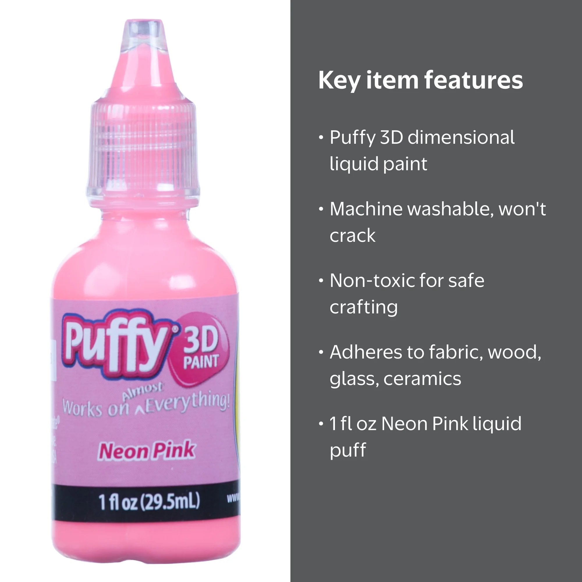 Puffy 3D Puff Paint, Fabric and Multi-Surface, Neon Pink, 1 fl oz