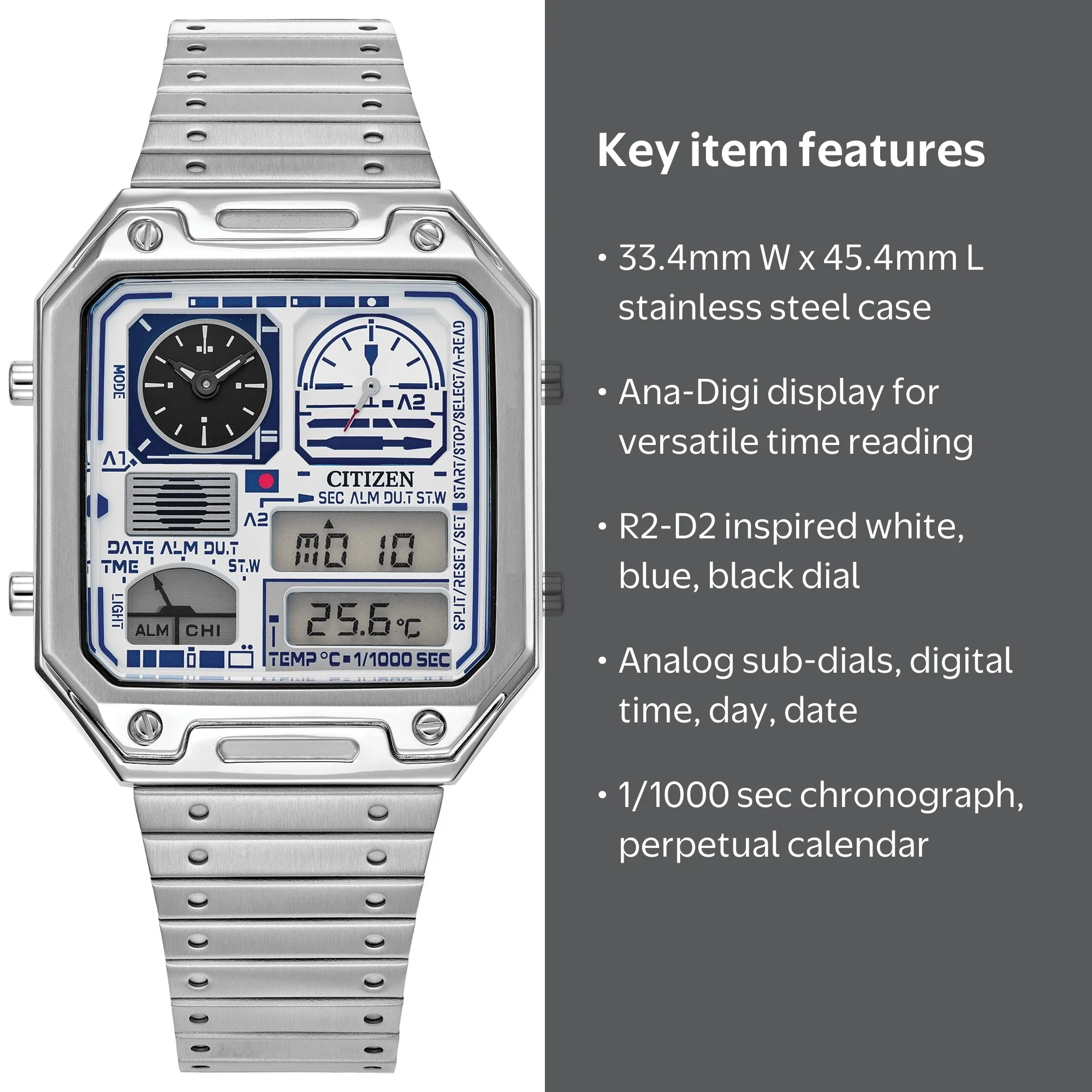Citizen Unisex R2-D2 Digital Wristwatch, Stainless Steel, JG2121