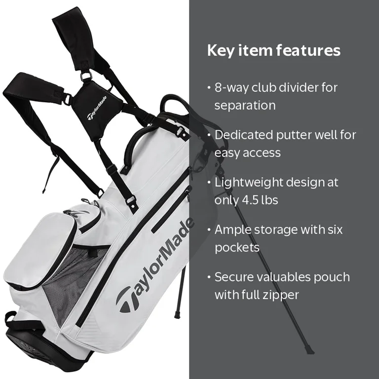 TaylorMade Golf Pro Stand Bag, White, 4.5 lbs, 8-Way Top, 6