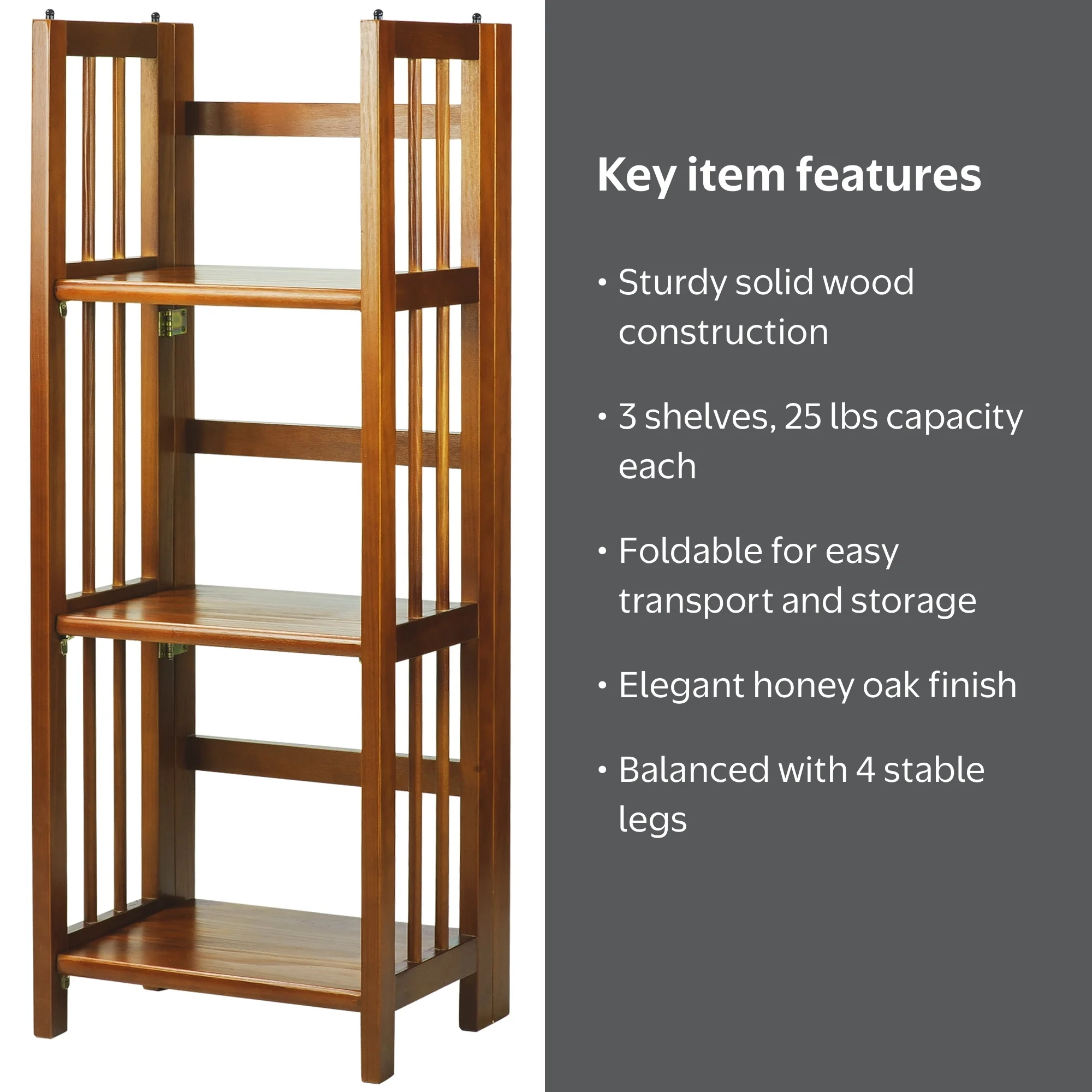 Casual Home, 3 Shelf Folding Bookcase, 14 Inch, Honey Oak