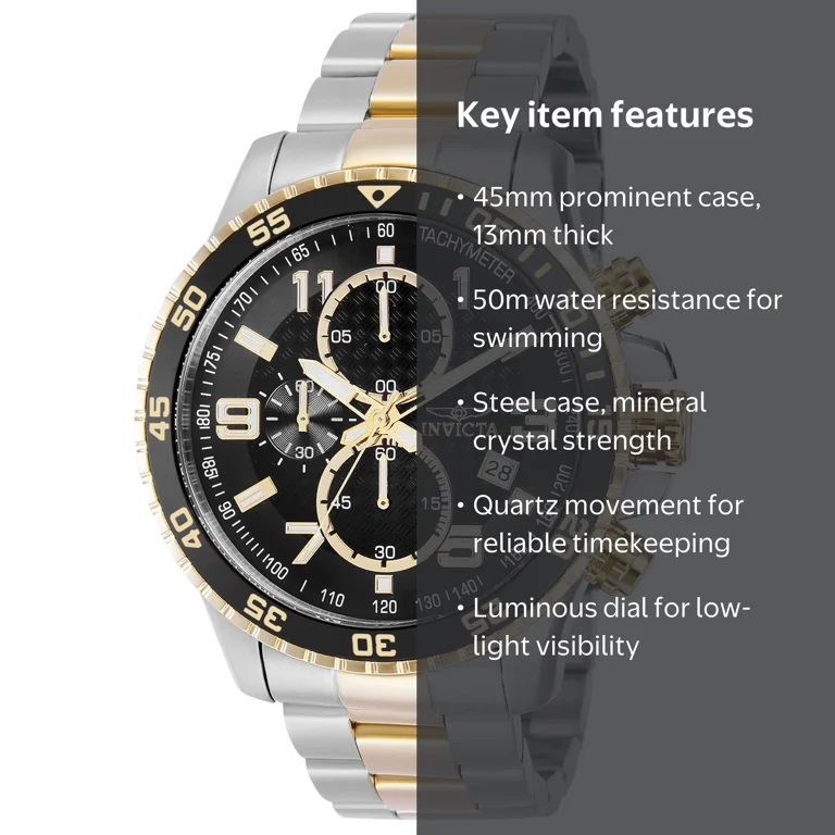 Invicta Specialty Men 45mm Stainless Steel Gold + Steel Black dial